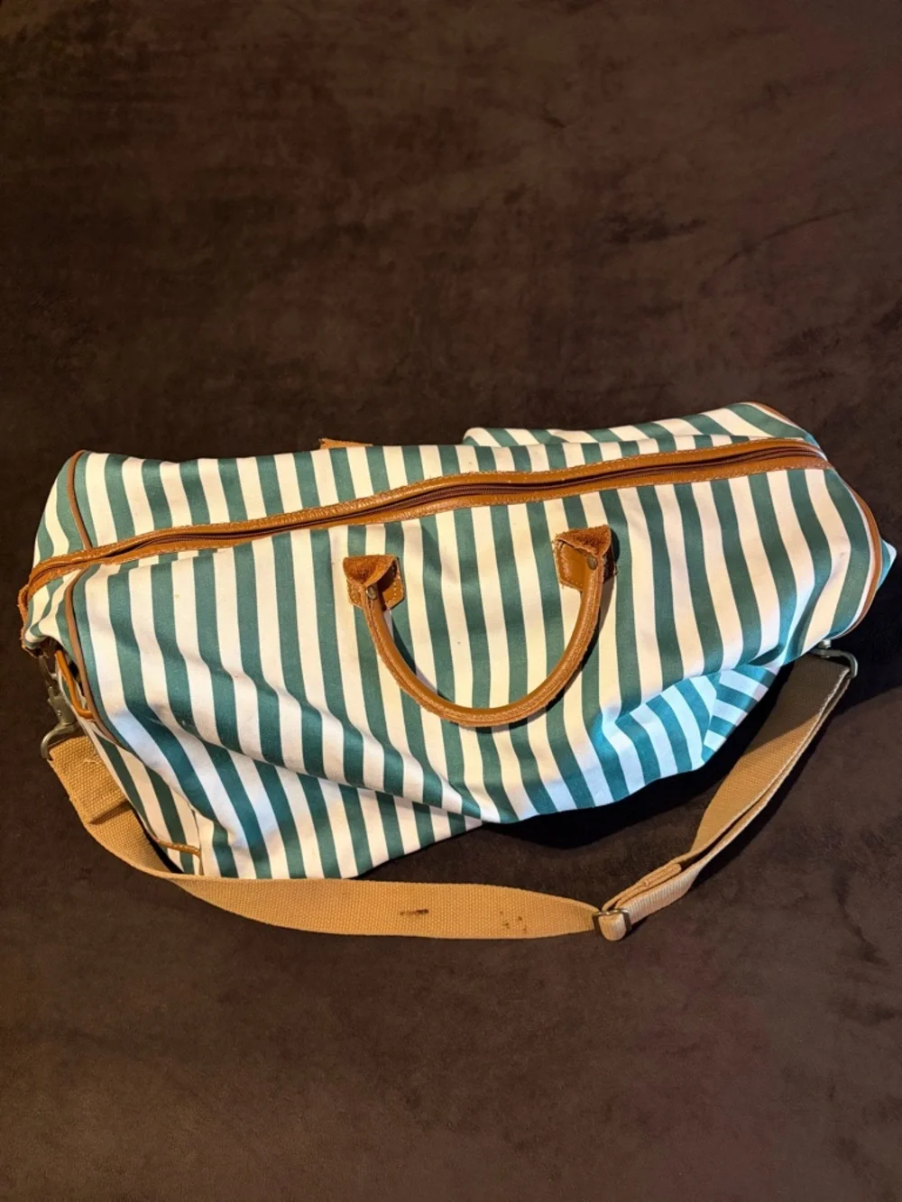 Vintage Heavy Duty Accessories Unlimited Leather Striped Travel Duffle Bag
